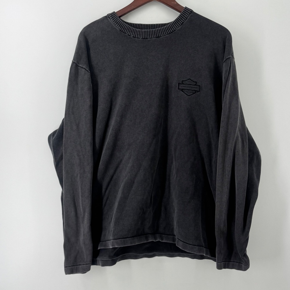 Harley-Davidson Mens XXL Faded Black Cotton Knit Sweater Back Embroidery Logo